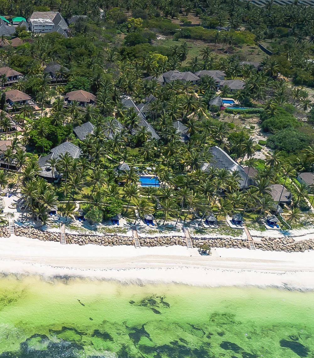 Drönarbild över stranden med palmer, hotellbyggnader med halmtak och en barriär av natursten längs strandlinjen