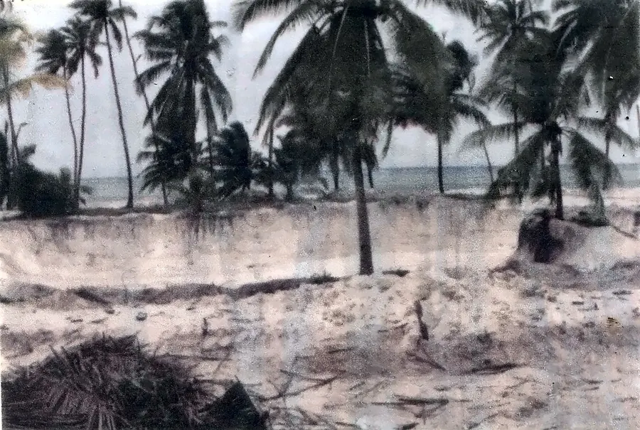 Tomten vid Bwejuu innan bygget av Breezes, bara sand och palmer